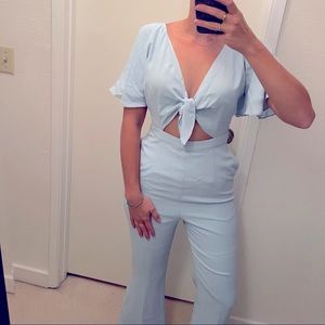 Perfect blue Tie front jumpsuit w/ crop flare legs